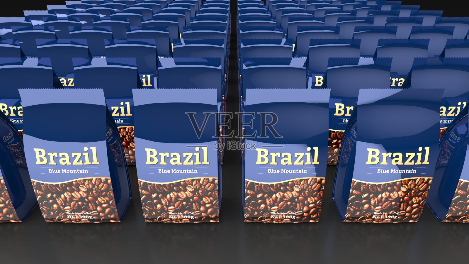 咖啡豆包装前多重黑色背景3d照片摄影图片