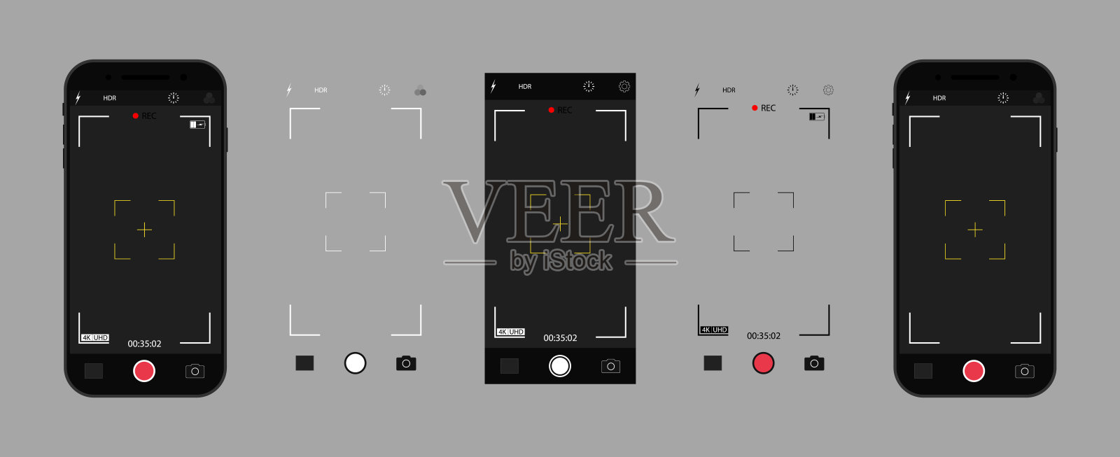 手机内置摄像头。带有界面的手机屏幕上的照片相机。智能手机自拍UI。应用程序的照片,记录视频在手机。图标的焦点,框架,闪光,缩放,网格和按钮。向量。插画图片素材