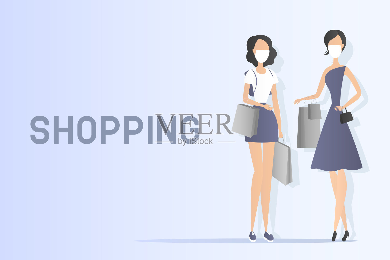 购物。戴口罩的妇女拿着包。矢量插图。插画图片素材