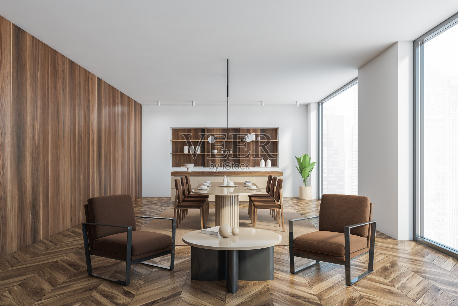 白色的木制餐厅,有棕色的扶手椅和大窗户附近的餐桌照片摄影图片