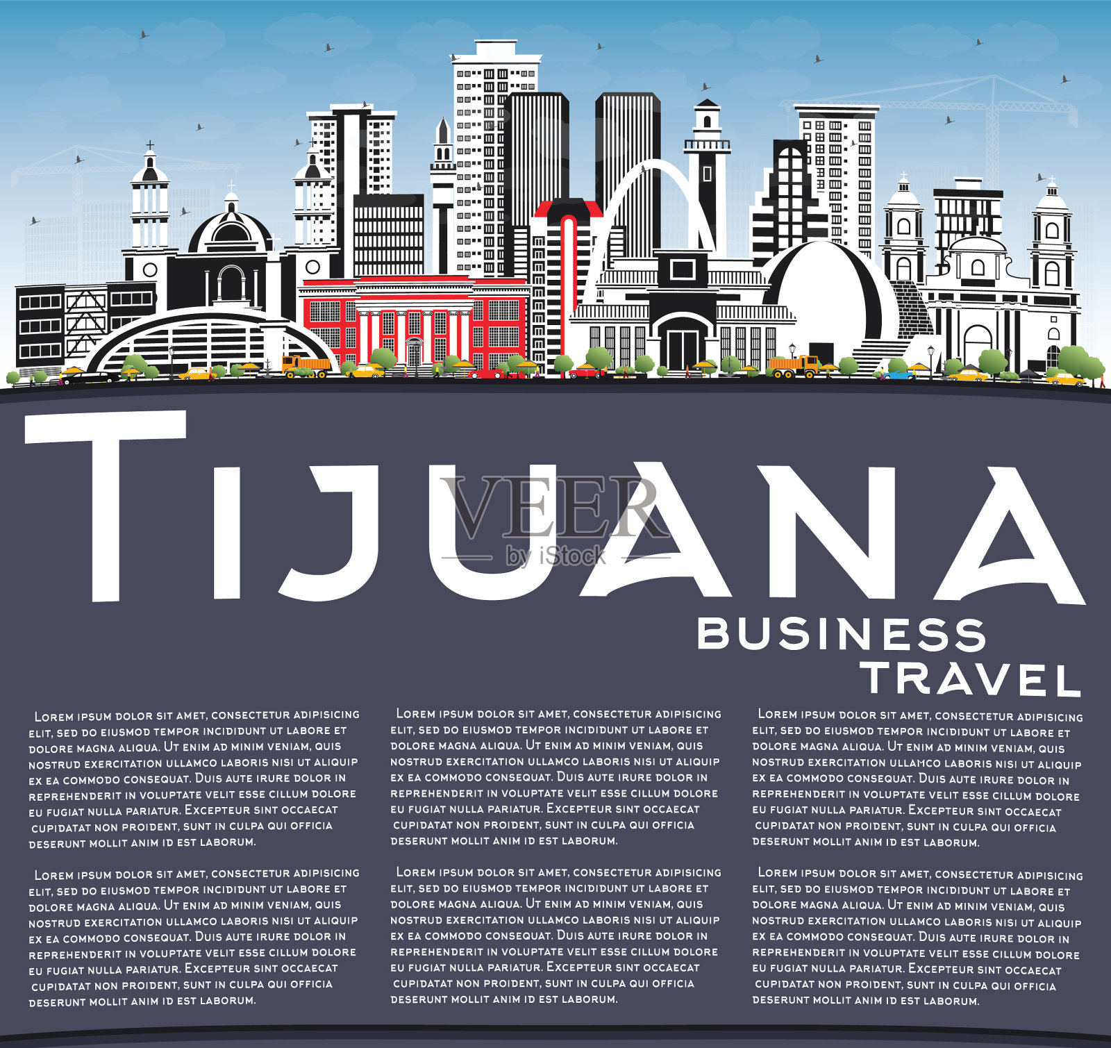 墨西哥城市蒂华纳的天际线与彩色建筑插画图片素材