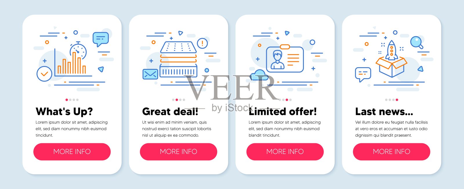 一套商业图标,如身份证,豪华床垫,报告计时器符号。启动图标。向量插画图片素材