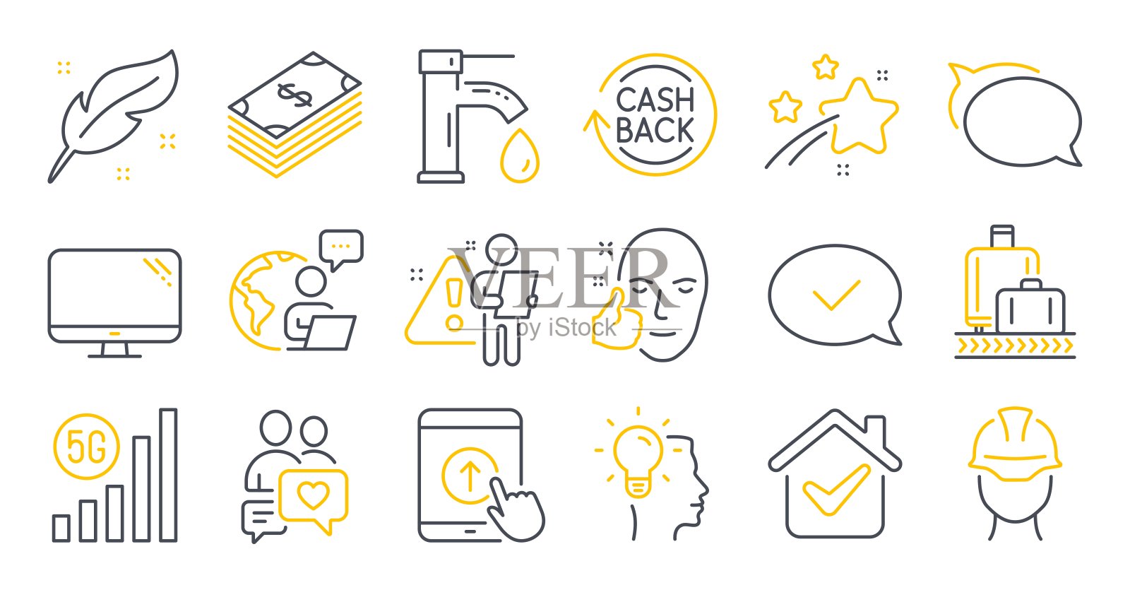 一组线图标,如羽毛,电脑,自来水符号。想法,约会聊天,美元符号。向量图标素材