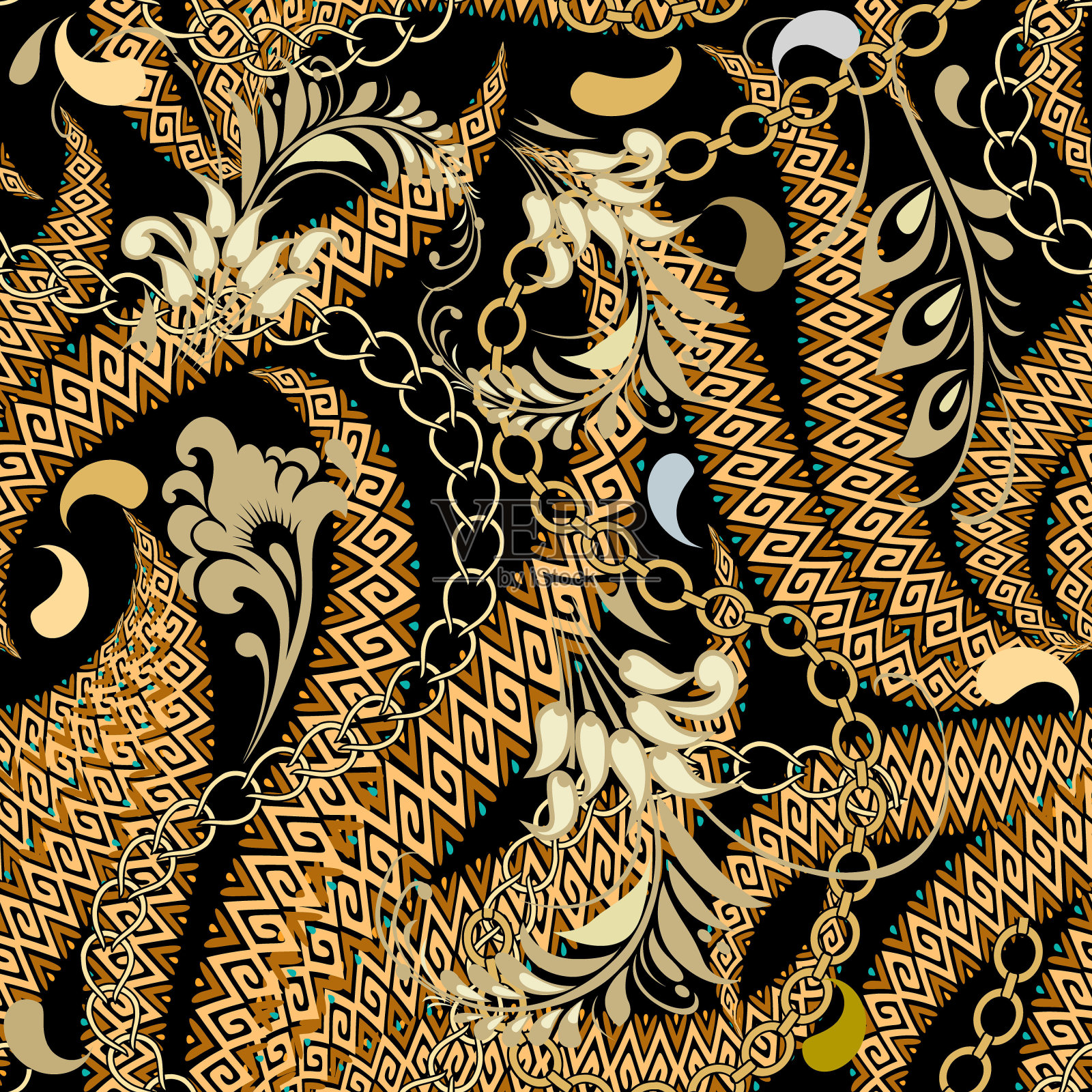 佩斯利无缝模式。花向量彩色背景。重复部落民族风格的背景。美丽的幻想装饰佩斯利花,叶子,链,波浪线,曲线,形状插画图片素材