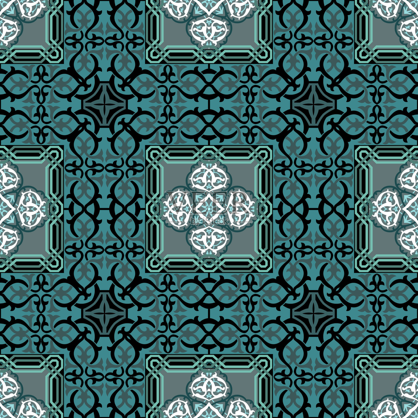 复古印花无缝图案。民族部落风格的观赏载体背景。东方装饰。重复彩色背景。对称华丽的设计与花,叶,方框架,边界插画图片素材