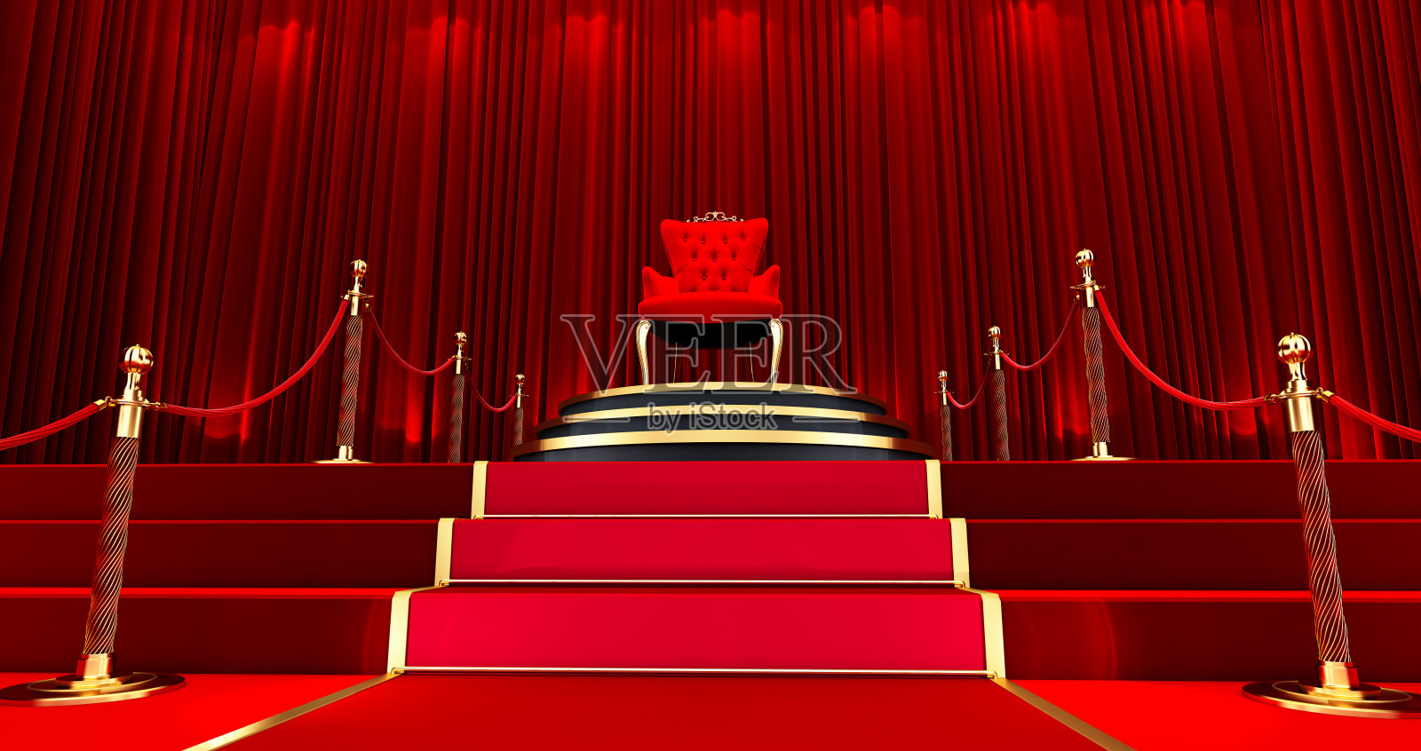 3D渲染的红色皇家椅子。通往豪华宝座的红地毯,楼梯和黄金绳索屏障。照片摄影图片