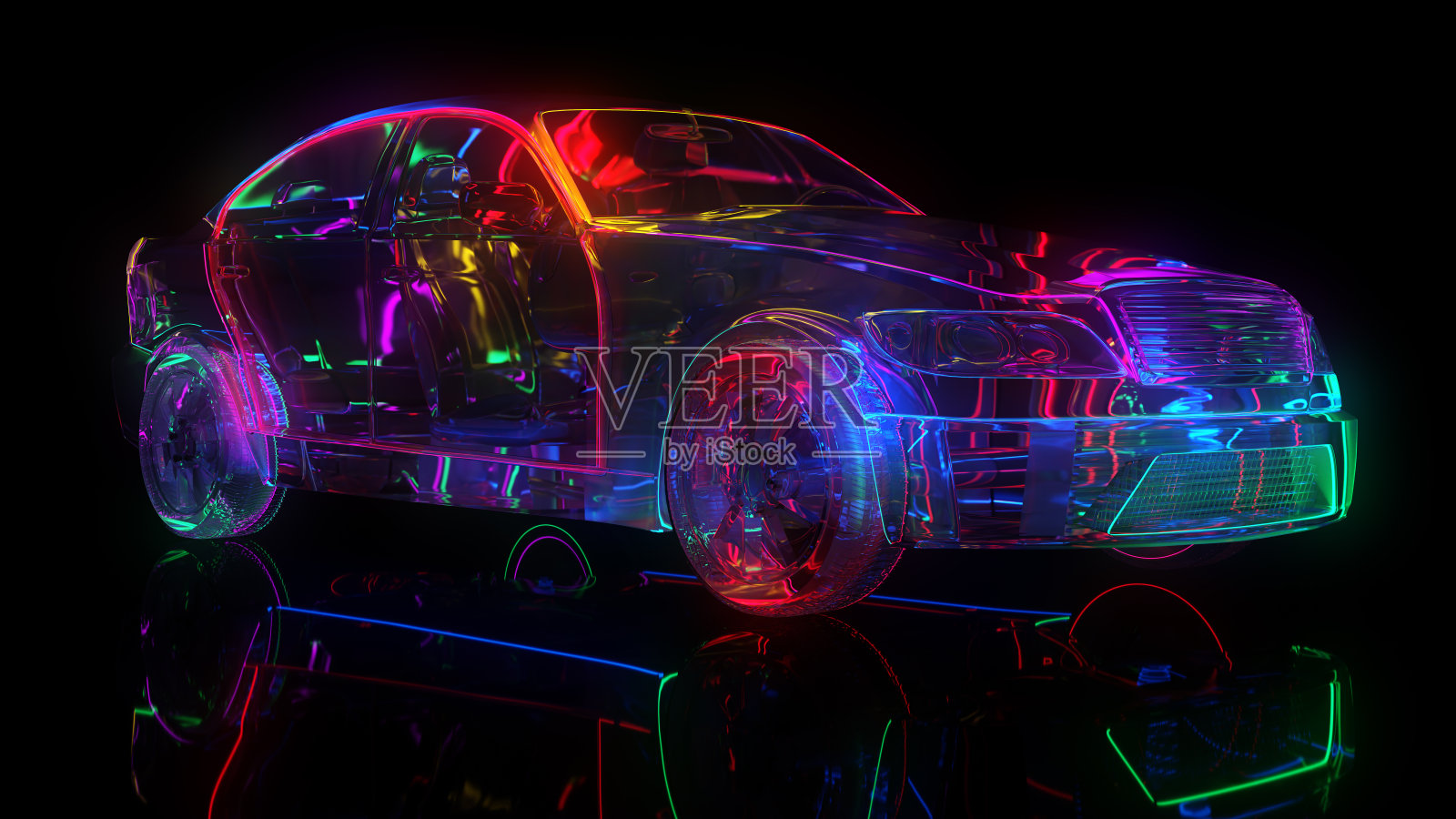 霓虹灯玻璃车。汽车的边缘用高亮标出照片摄影图片