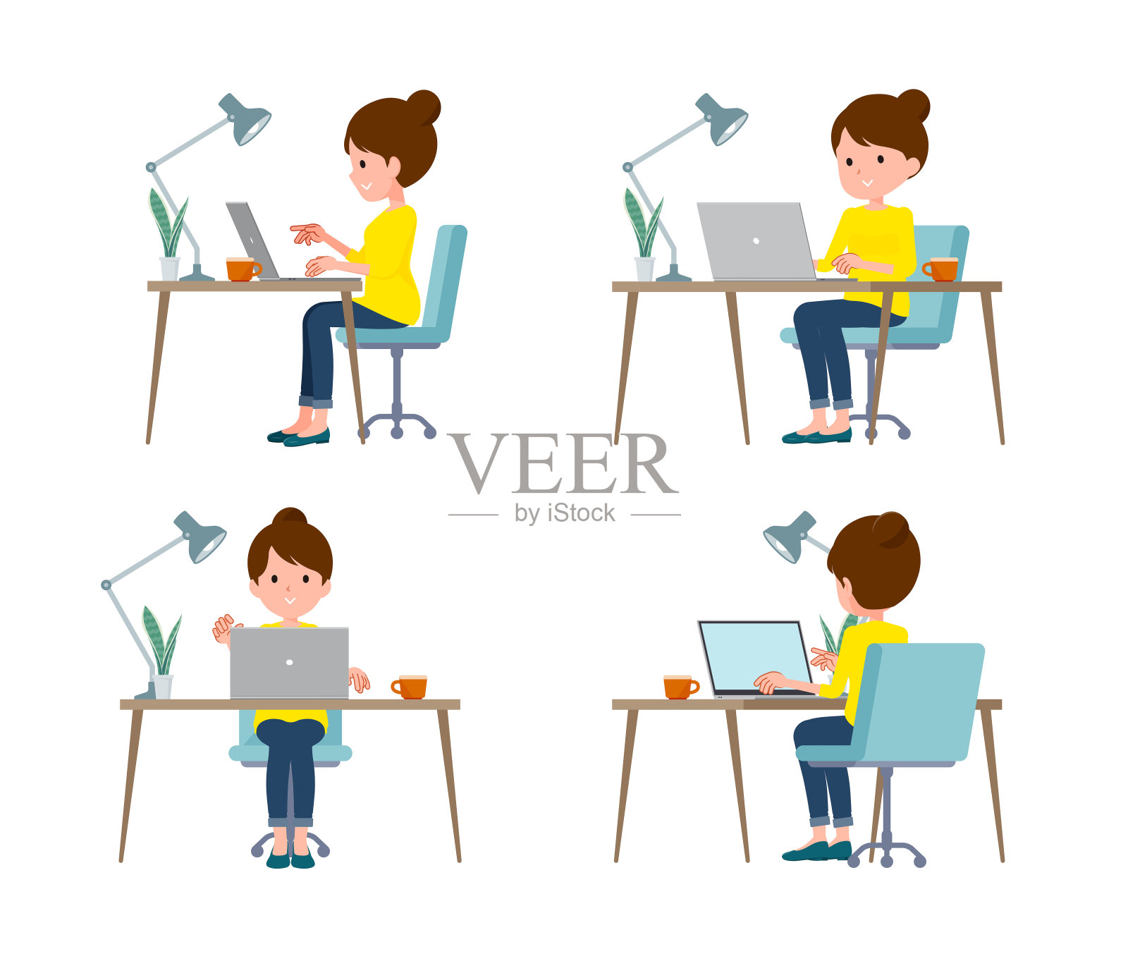 平头发髻,办公桌工作角度插画图片素材