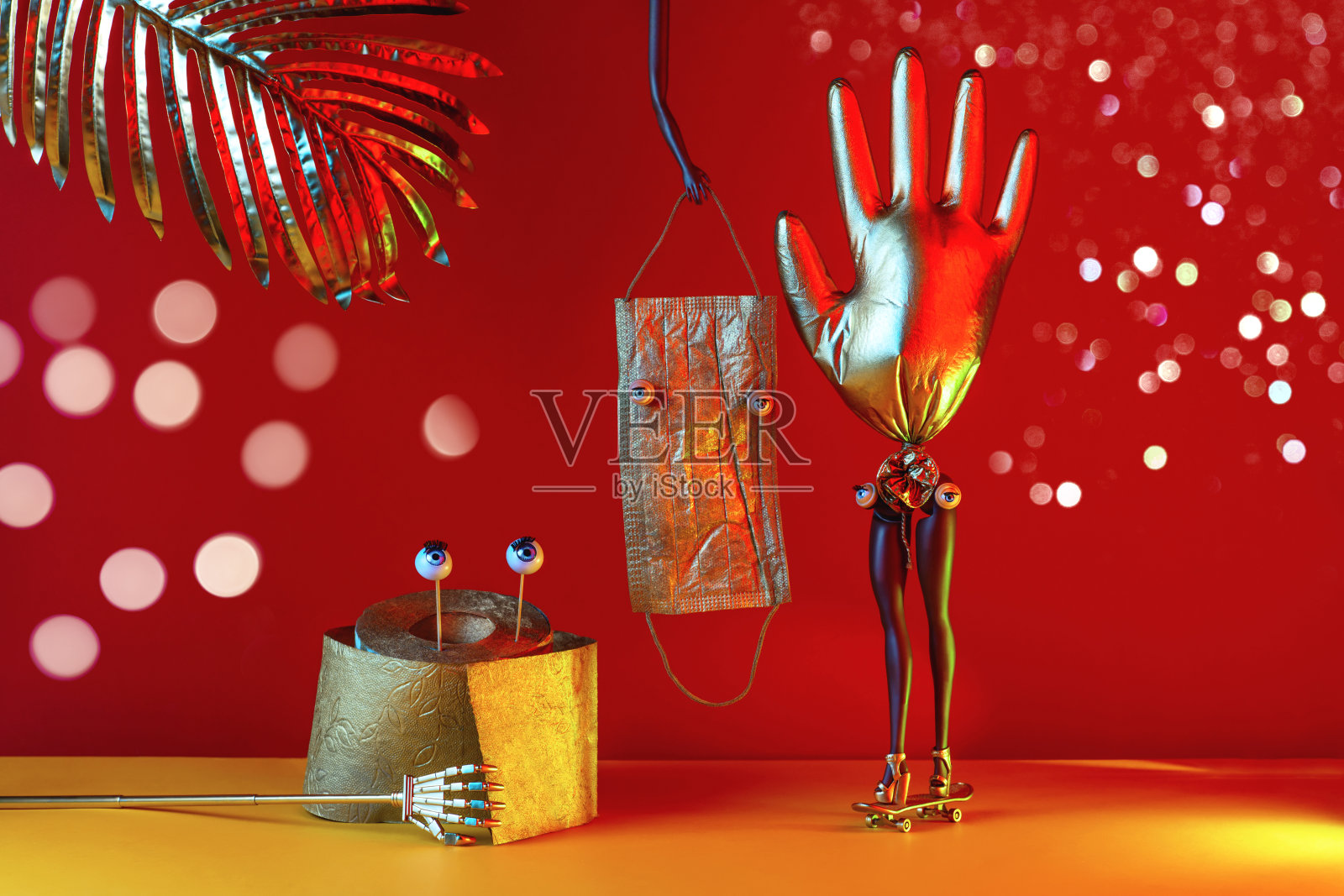 以“2020年即将到来的飞跃”和“冠状病毒”为主题的漫画创作:红色背景上的卫生纸、手套、眼罩诉说着黎明前的气息照片摄影图片