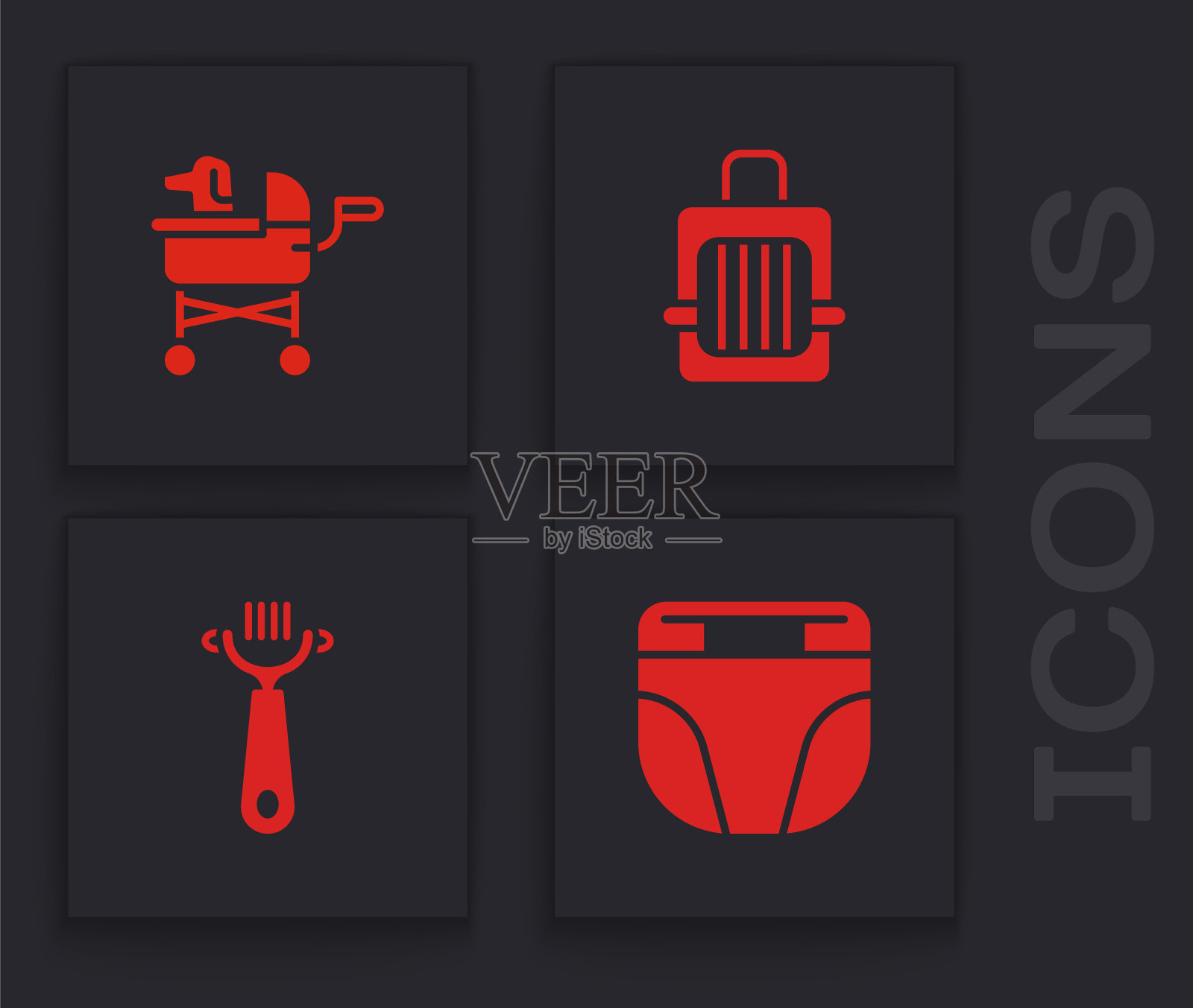 设置尿布为狗,宠物婴儿车,手提箱和毛刷和猫图标。向量图标素材