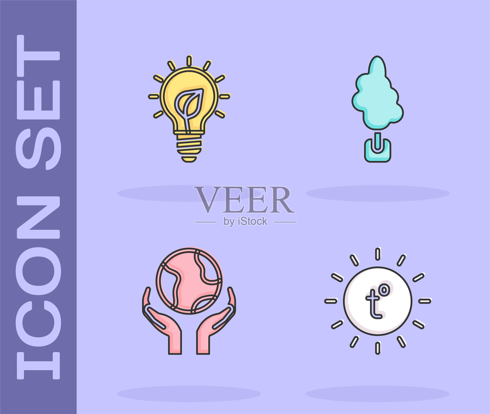 Set Sun, Light bulb with leaf, Hands holding Earth globe and Tree icon。向量图标素材