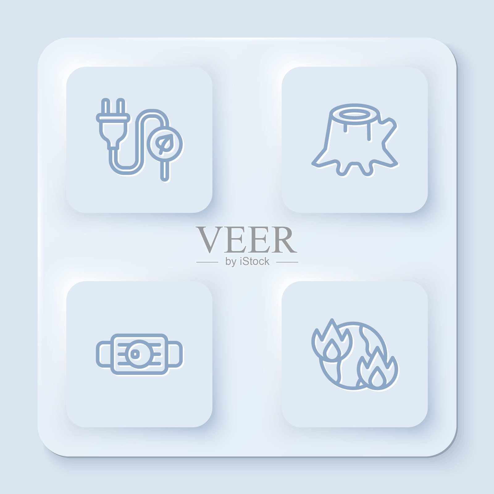 在树叶、树桩、医用防护口罩和全球变暖火灾中设置线路节能插头。白色方形按钮。向量插画图片素材
