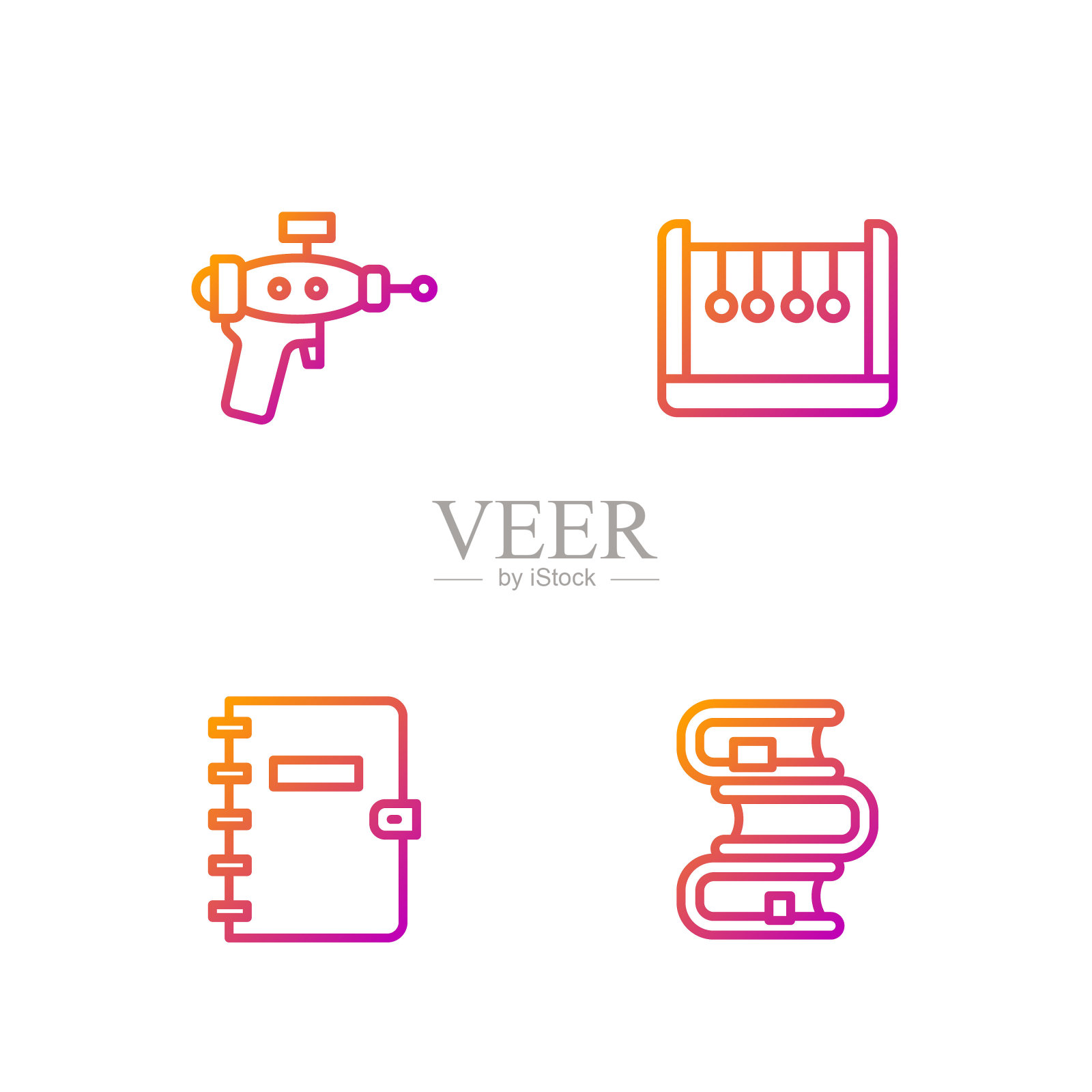 集线书,螺旋笔记本,射线枪和摆锤。渐变颜色图标。向量插画图片素材