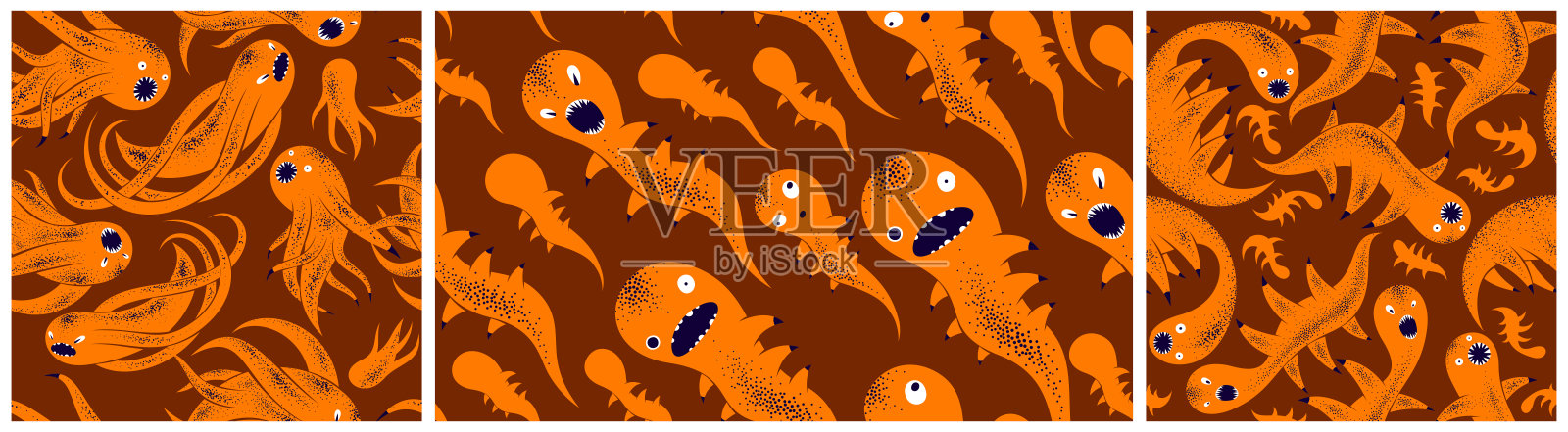 恐怖恐怖的怪物无缝矢量纺织图案集,野兽动物无尽的壁纸,时尚的背景为万圣节主题,有趣的图片收集。插画图片素材