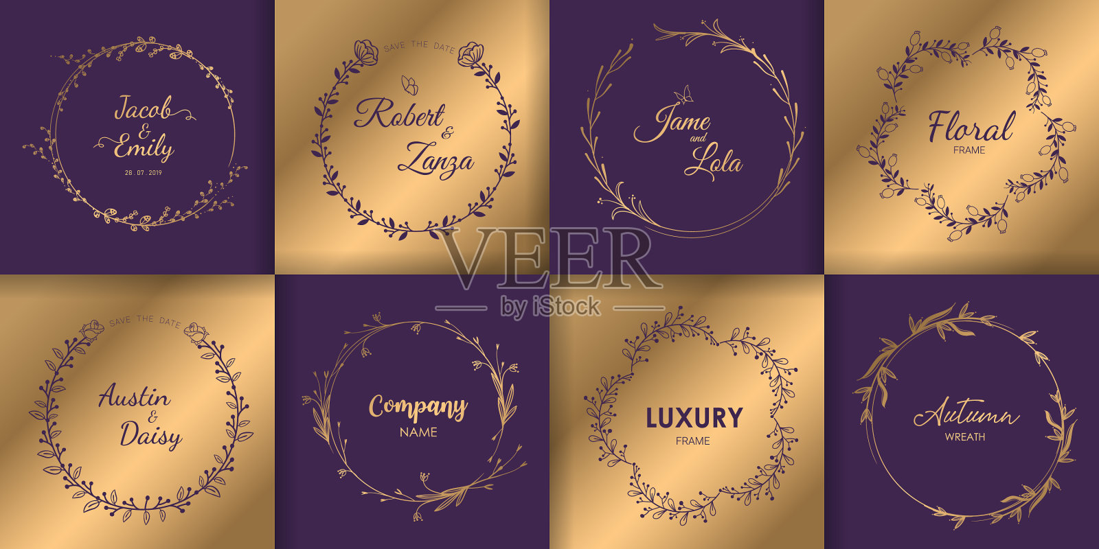 婚礼图案和花卉边框的豪华设计插画图片素材