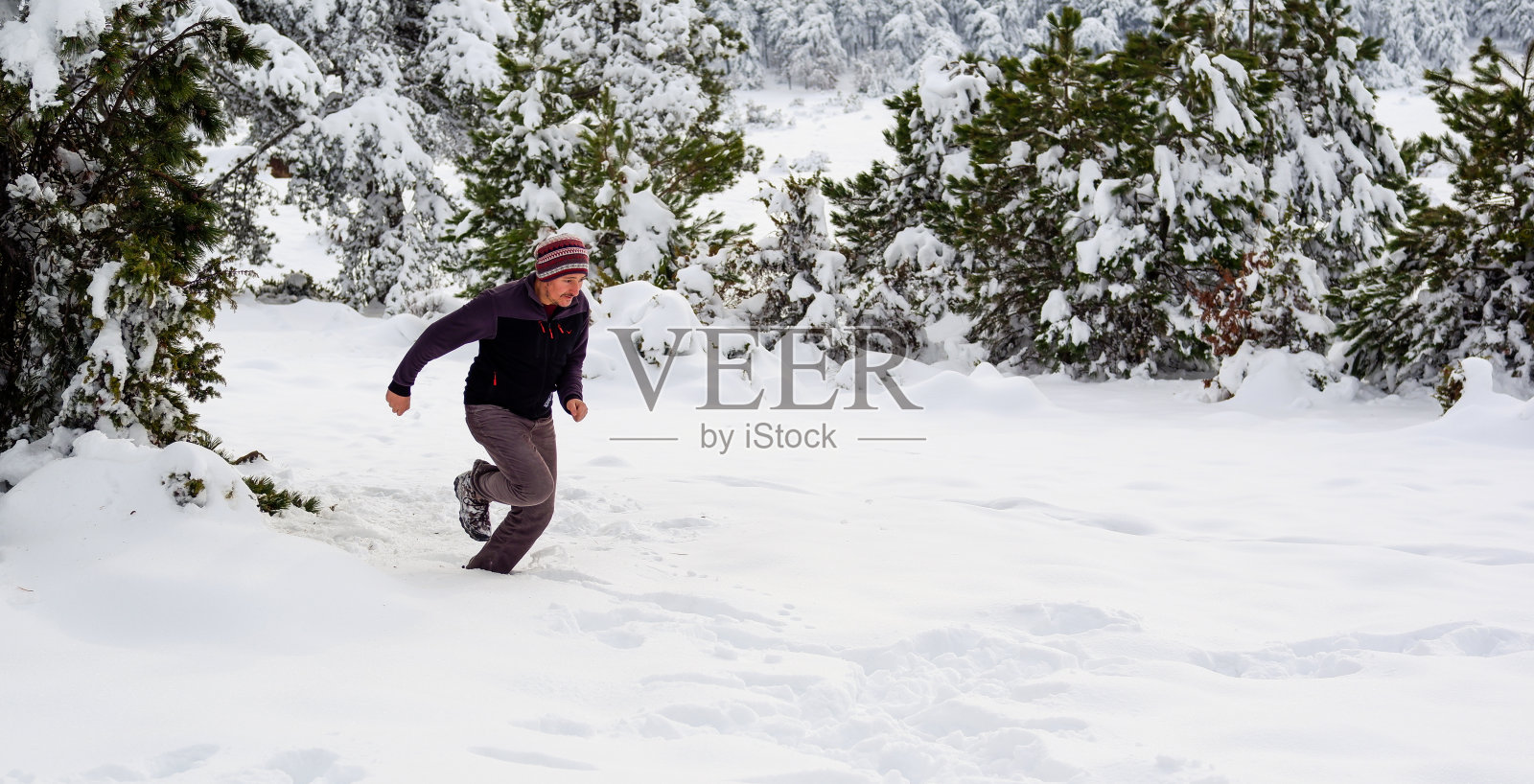 冬天,人们在森林里跳过雪地照片摄影图片