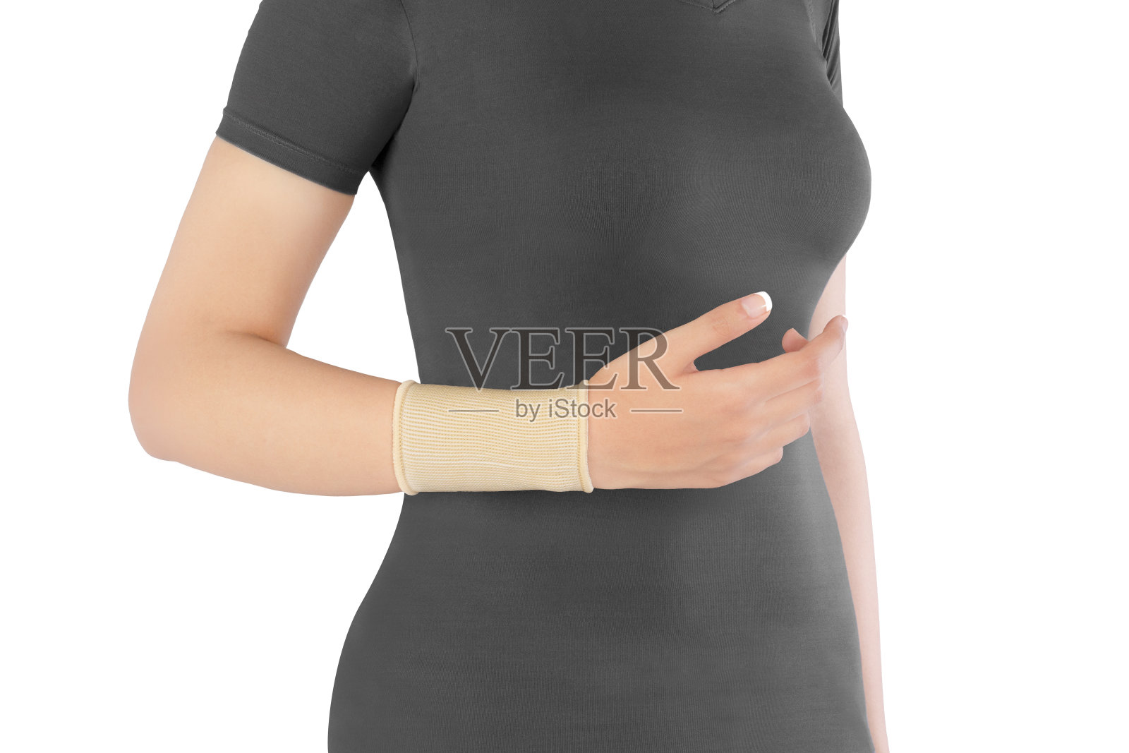 腕带白色孤立背景,女性手在腕带照片摄影图片