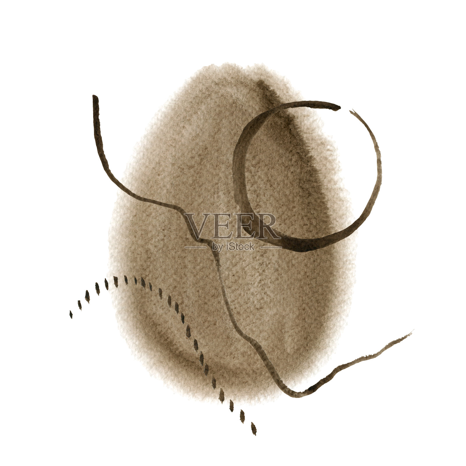 水彩抽象手绘插图与深褐色纹理形状,鳞片,圆和点。一张白色背景的棕色方形图片。插画图片素材