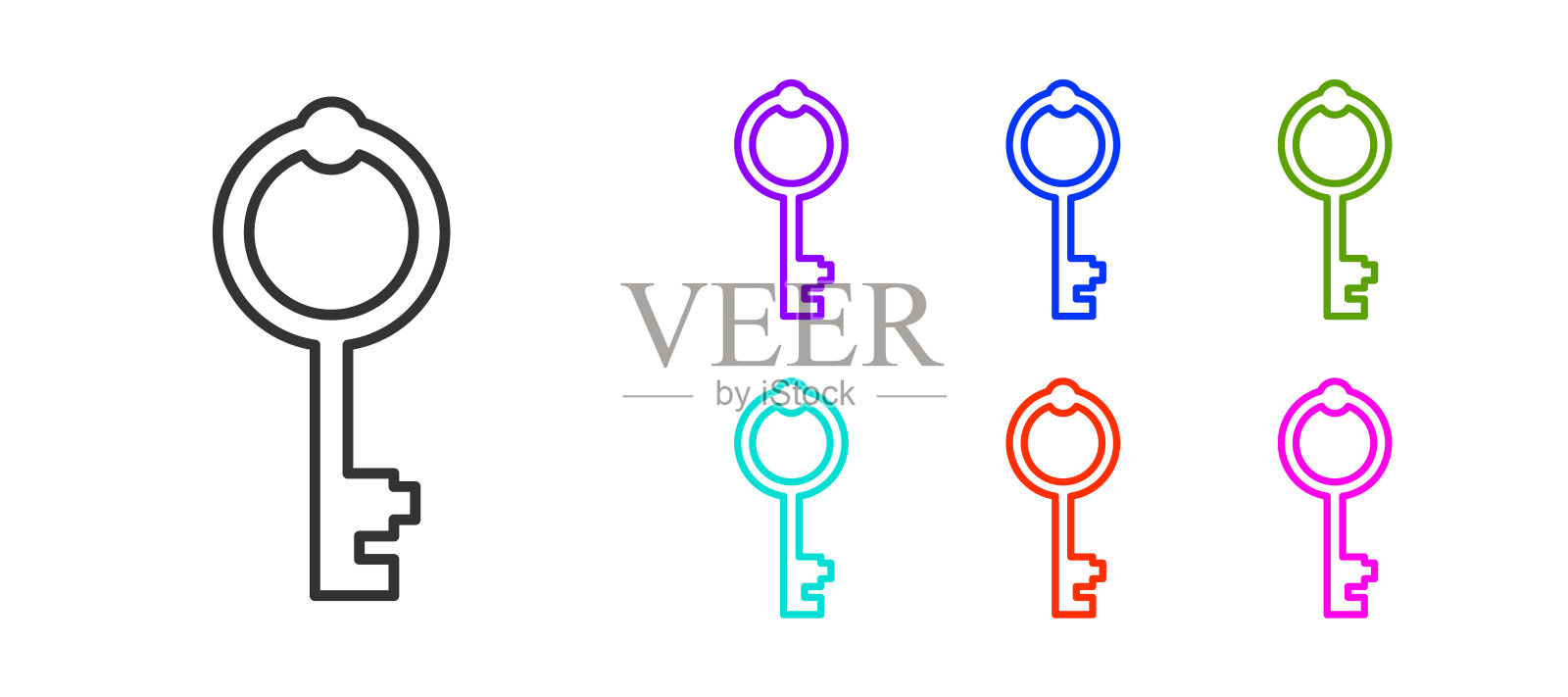 黑线老键图标孤立在白色背景上。设置图标丰富多彩。向量插画图片素材