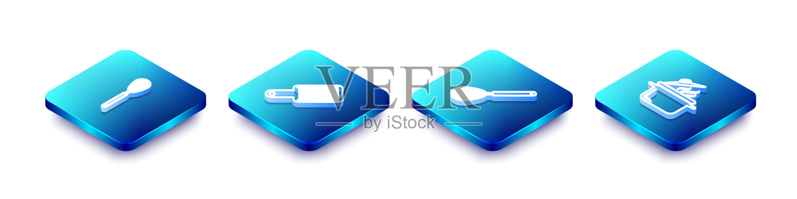 设置等距线厨房搅拌器,刨丝器,和烹饪锅图标。向量图标素材