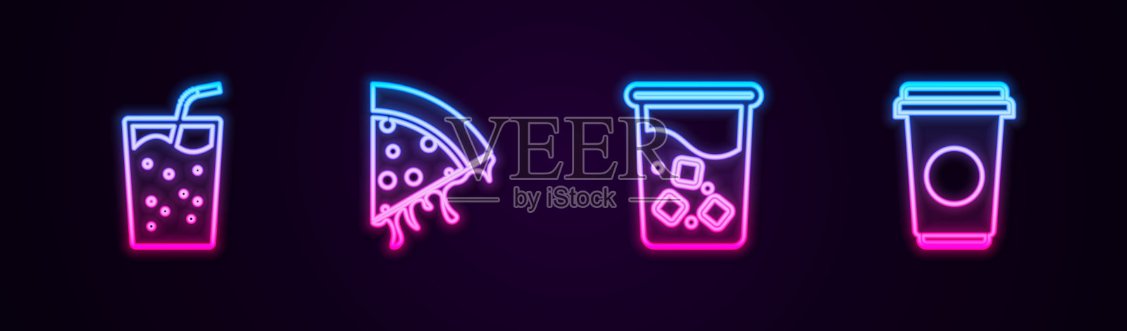 设置线玻璃与水,披萨片,和咖啡杯。发光的霓虹灯图标。向量插画图片素材