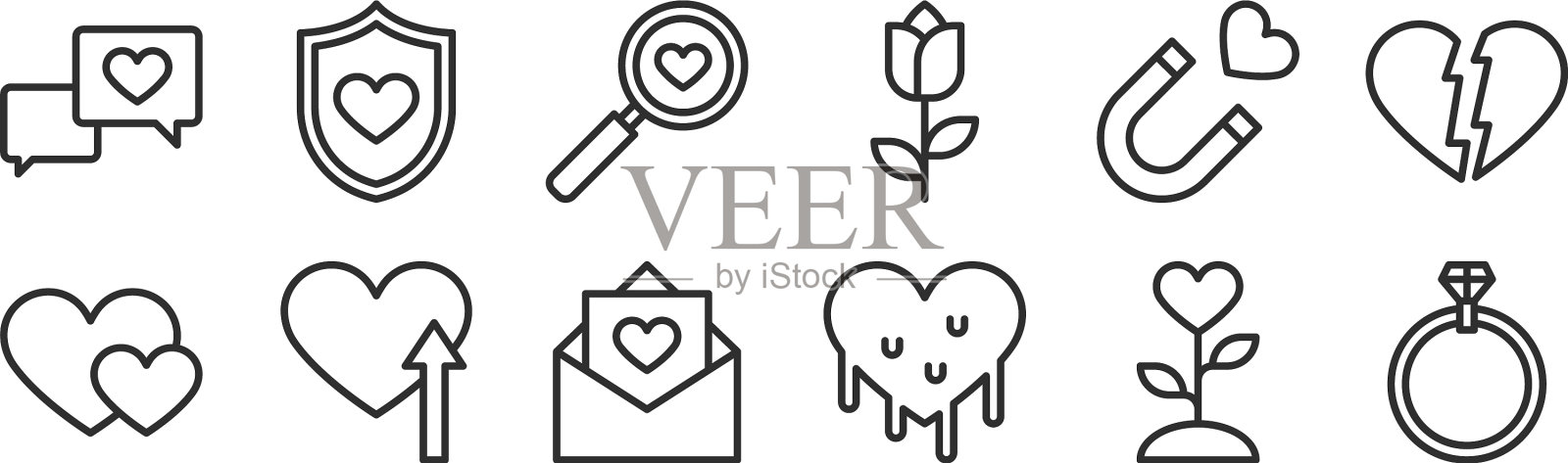 设置12个薄轮廓图标,如心形戒指图标素材