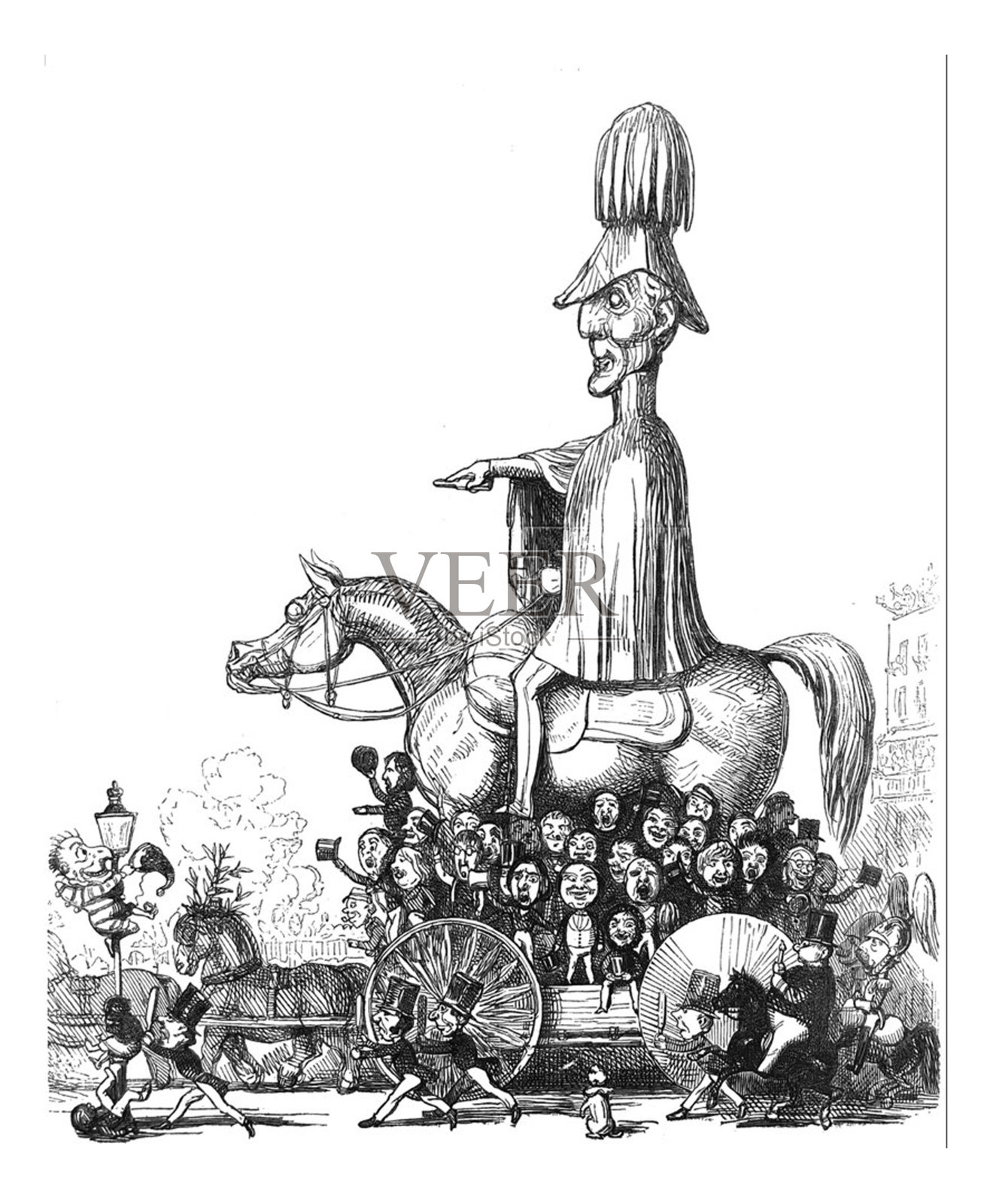 英国讽刺漫画插图-一大群人推着惠灵顿雕像沿着街道在一个平台上插画图片素材