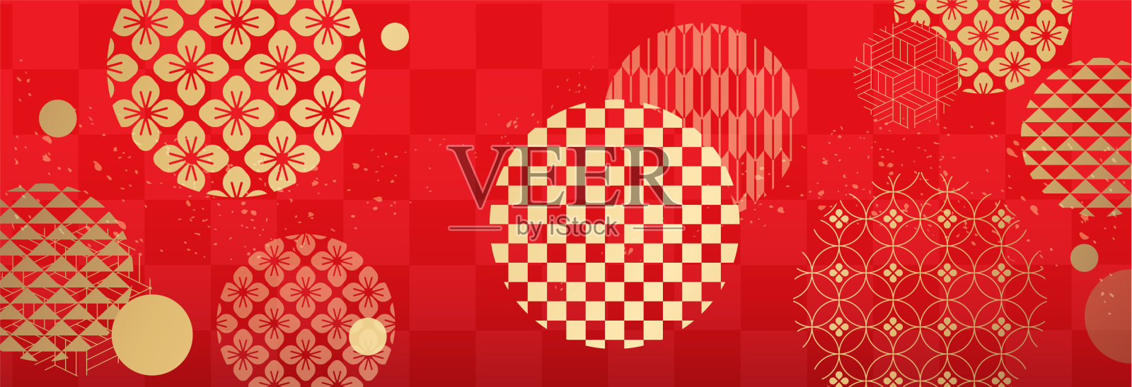 一套带有传统日本图案的矢量插图。日本图案背景和传统的日本色彩。插画图片素材