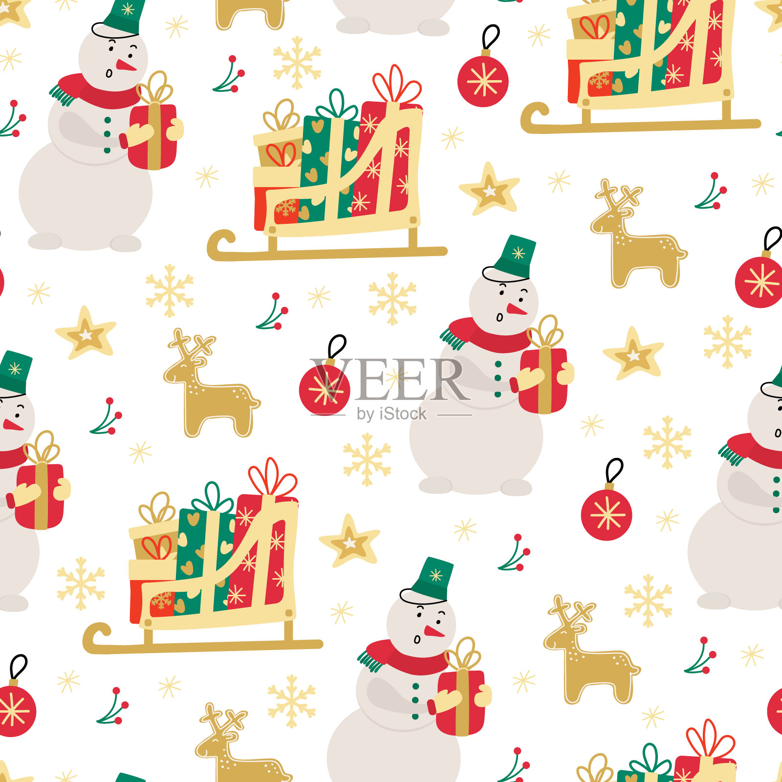 圣诞矢量无缝图案用雪人,圣诞老人的雪橇用白色的礼物插画图片素材