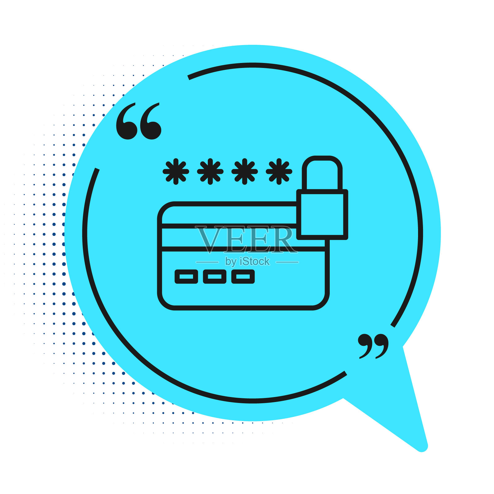 黑线信用卡与锁定图标隔离在白色背景。锁银行卡。安全、安全保护。安全付款的概念。蓝色语音气泡符号。向量插画图片素材