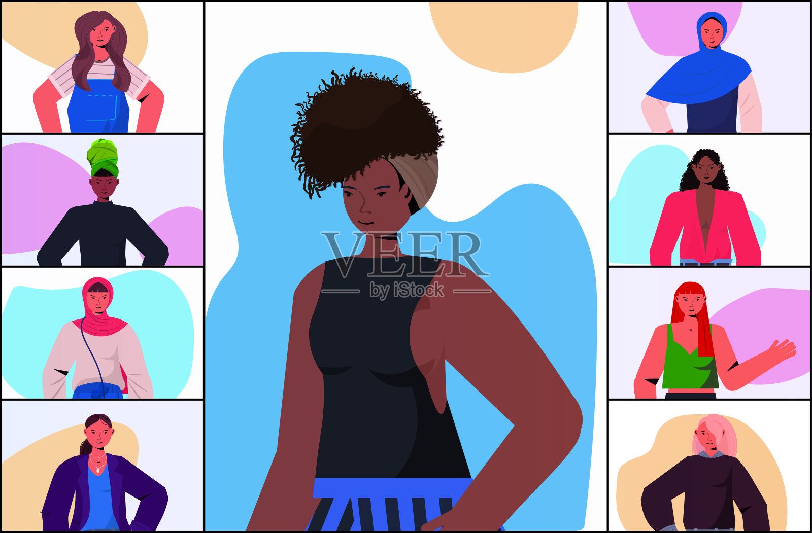 商务人士在网络浏览器Windows上讨论公司在线会议混合商务女性团队插画图片素材