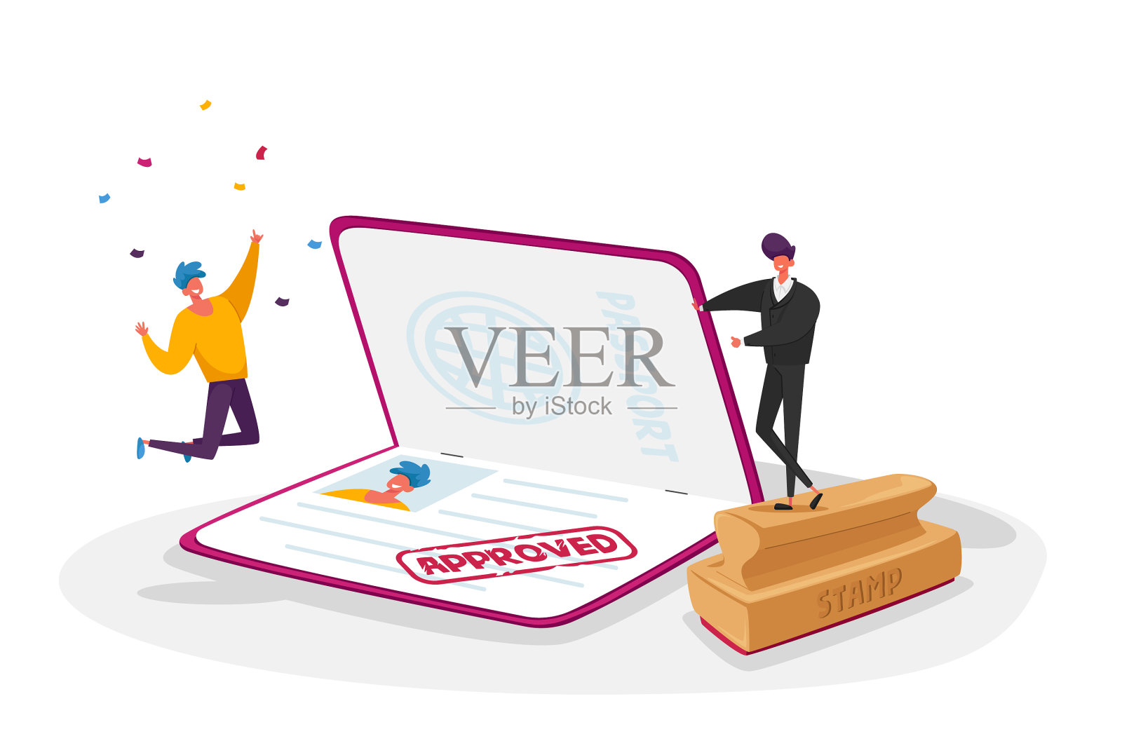 快乐的小男性角色高兴地举起双手插画图片素材