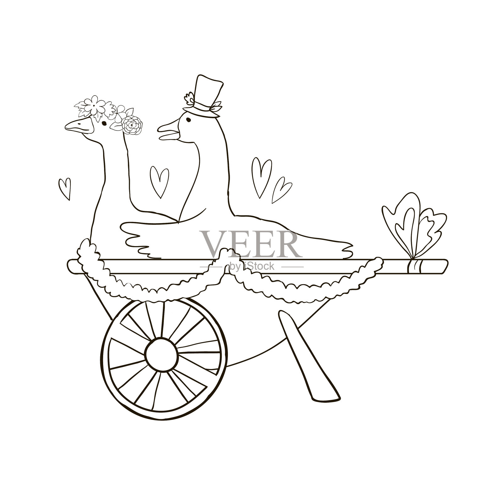 在手推车上画一对可爱的鹅插画图片素材