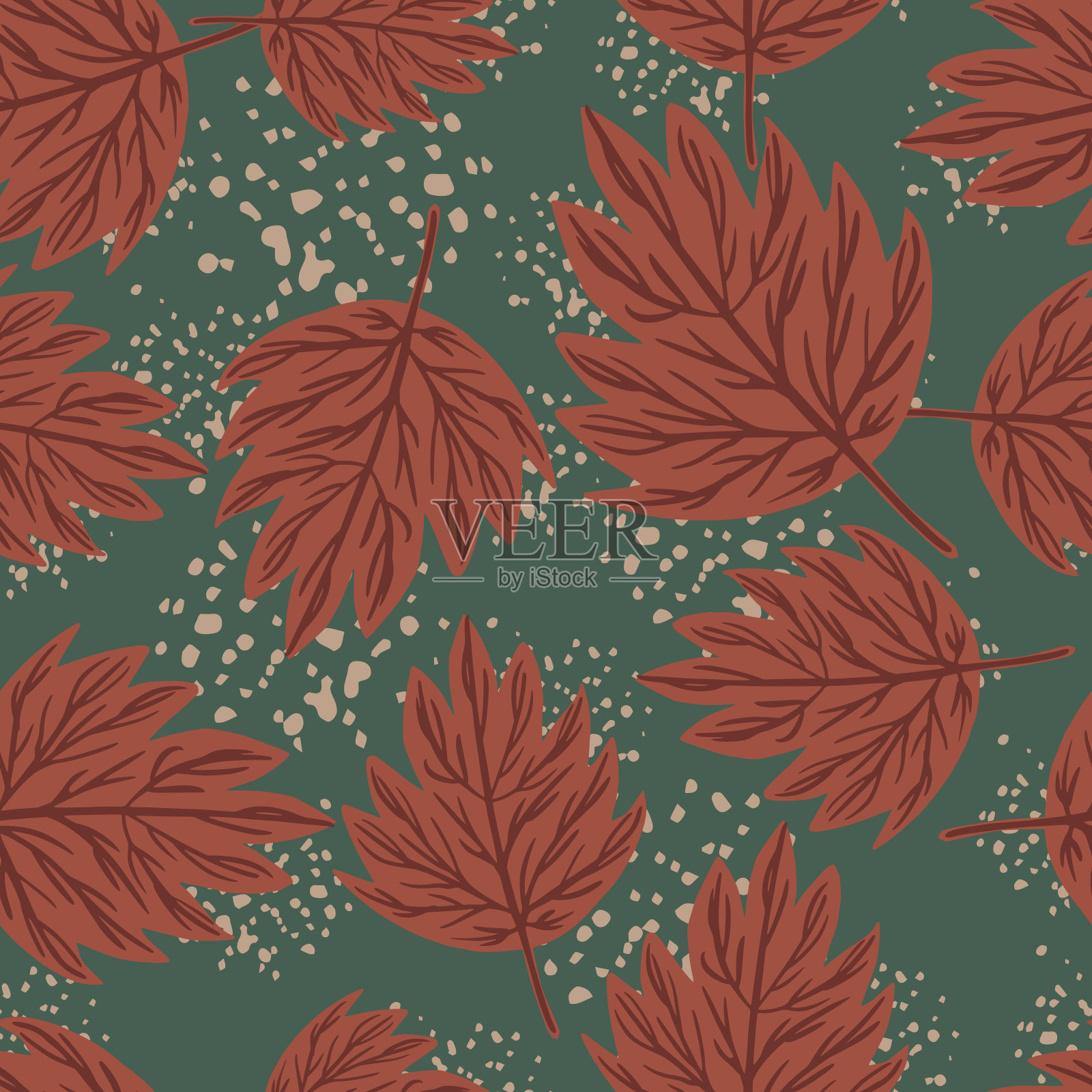 森林自然无缝图案与随意点缀栗色叶子。深色背景与飞溅。插画图片素材