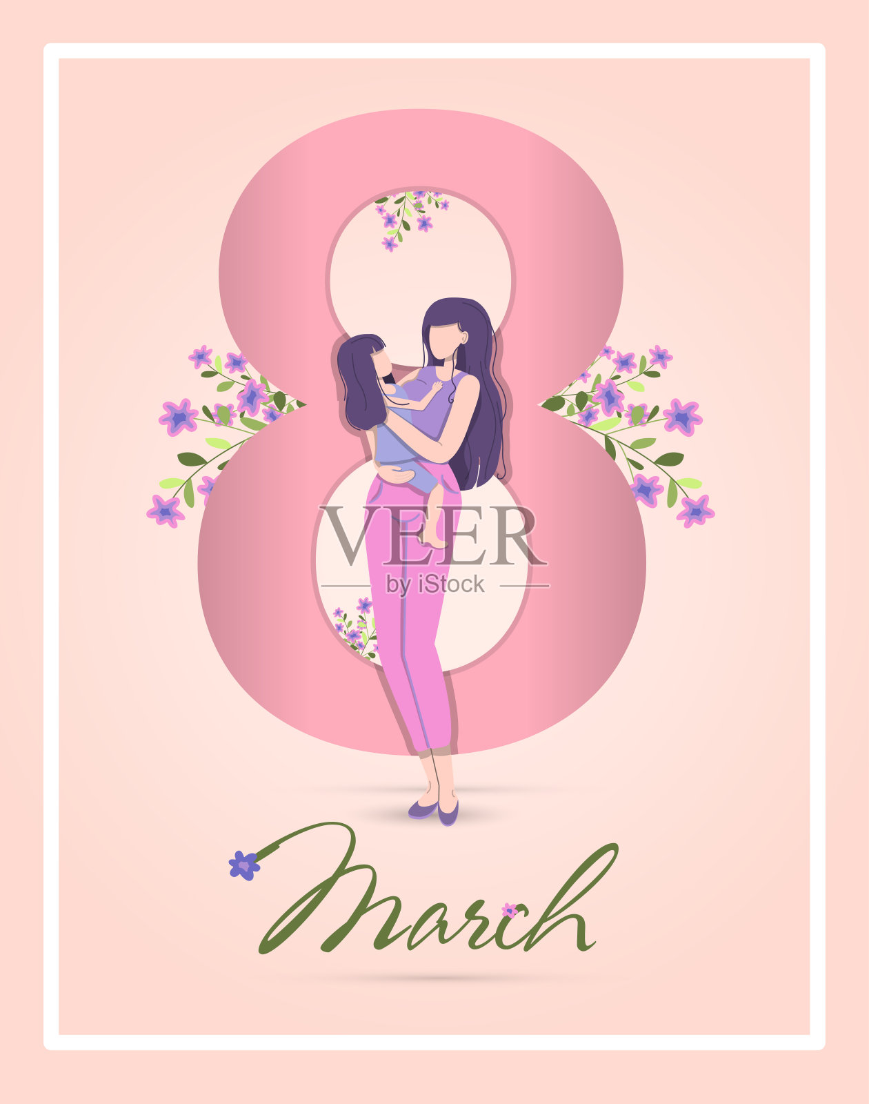 国际妇女节的贺卡。矢量插图为3月8日与鲜花和问候。横幅上有数字8和文字。一个女人怀里抱着一个小女孩,母女俩。插画图片素材