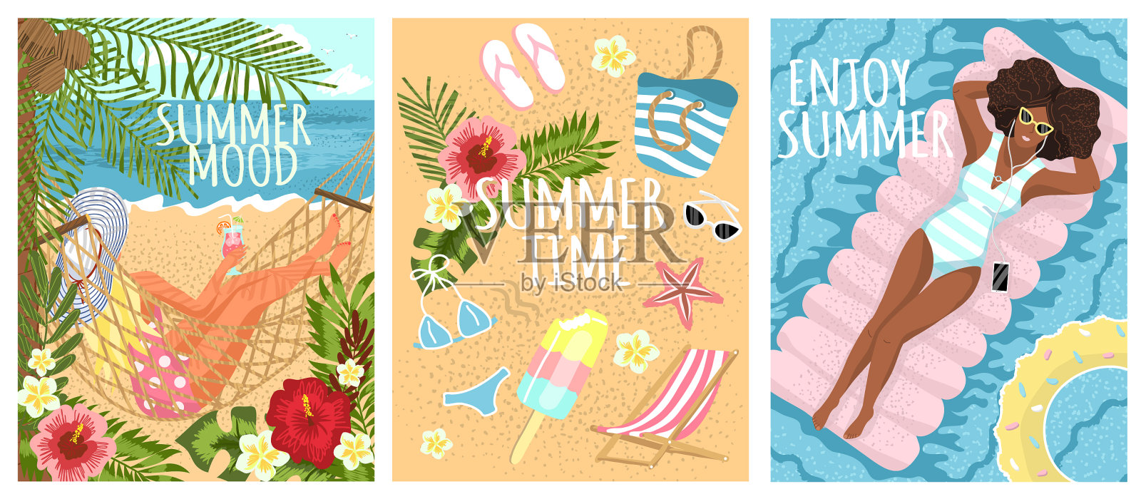 一个黑人妇女在充气床垫上游泳插画图片素材