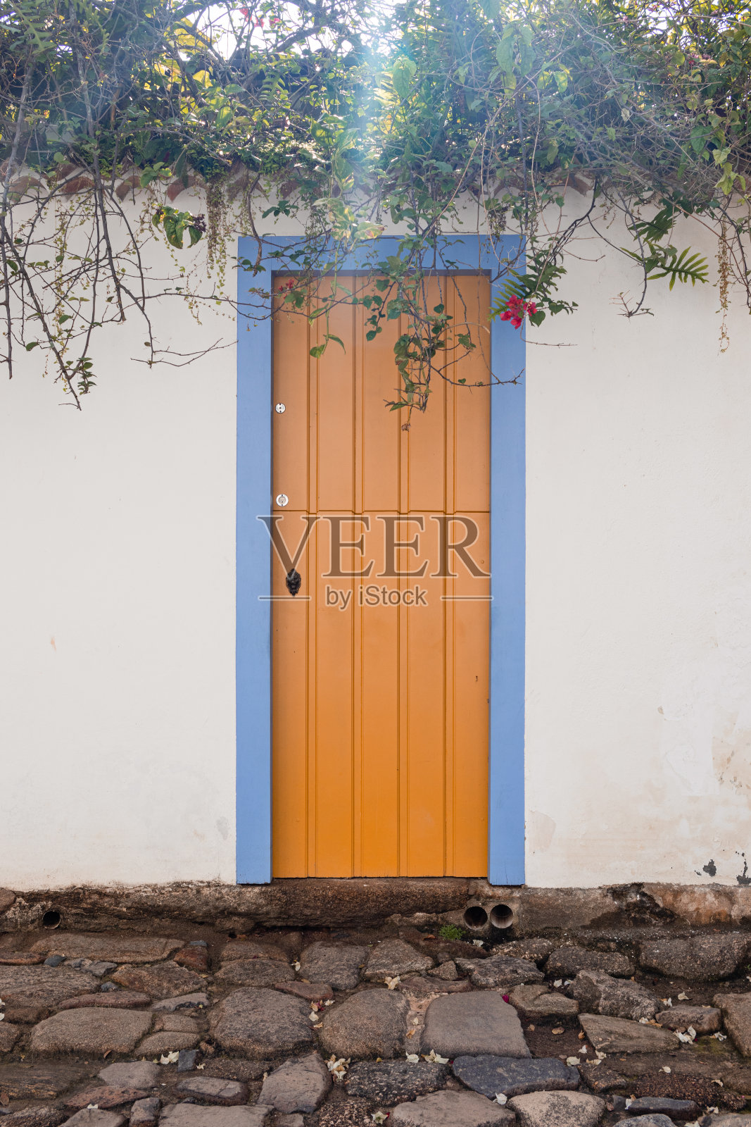 白色墙壁上的一扇黄蓝相间的门照片摄影图片