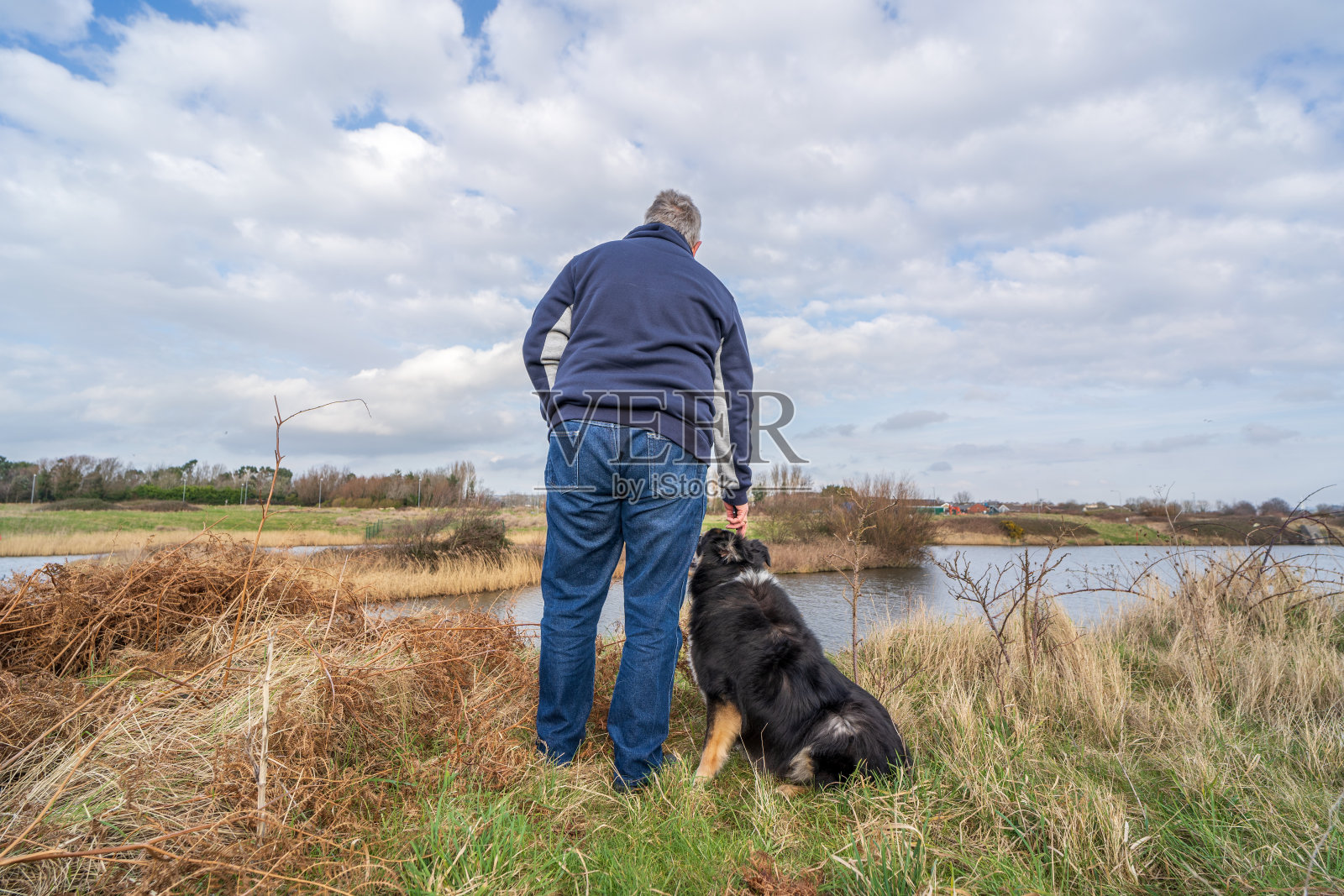 草原上的人和边境牧羊犬照片摄影图片