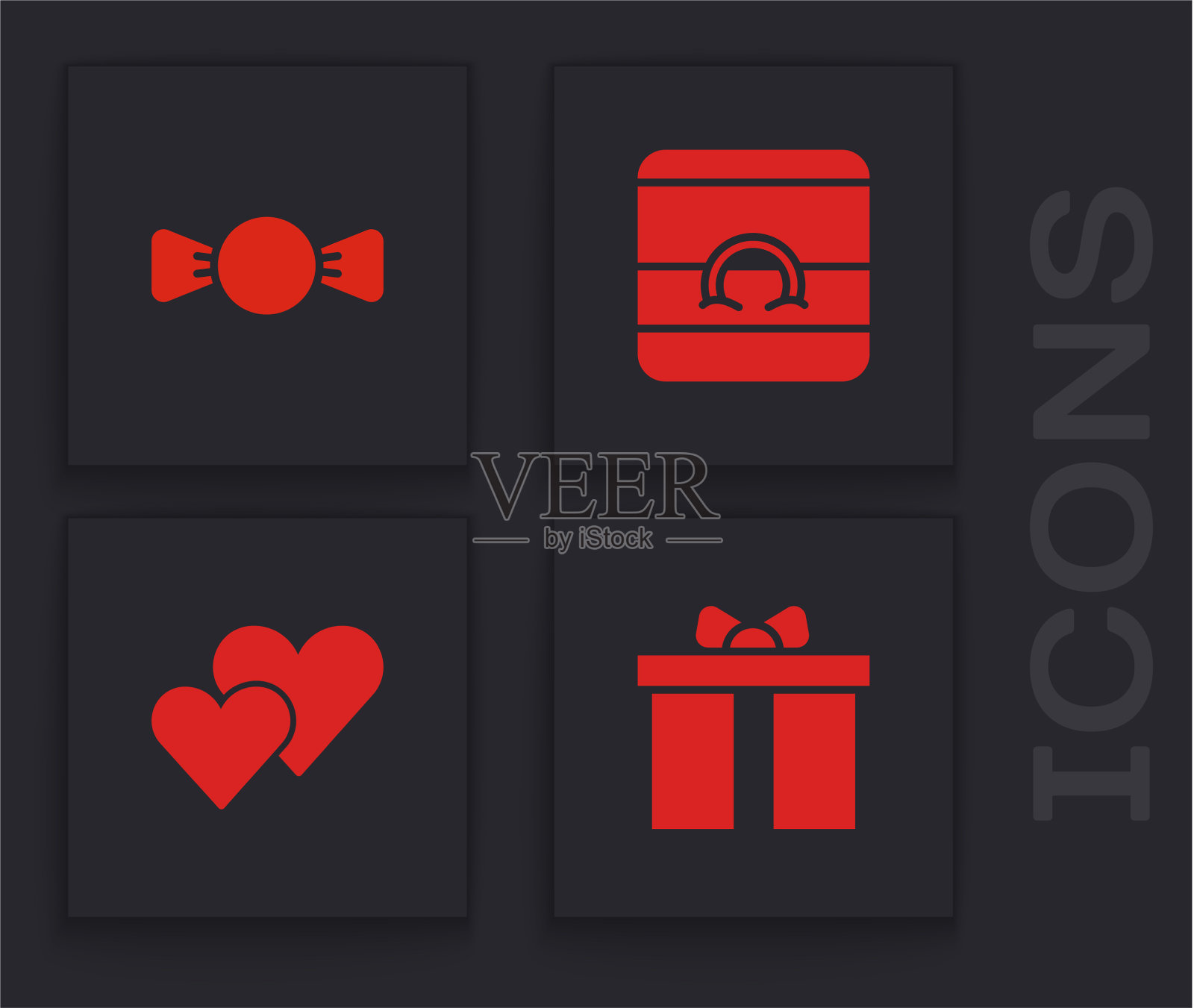 套装礼盒蝴蝶结结婚戒指和心形图标素材