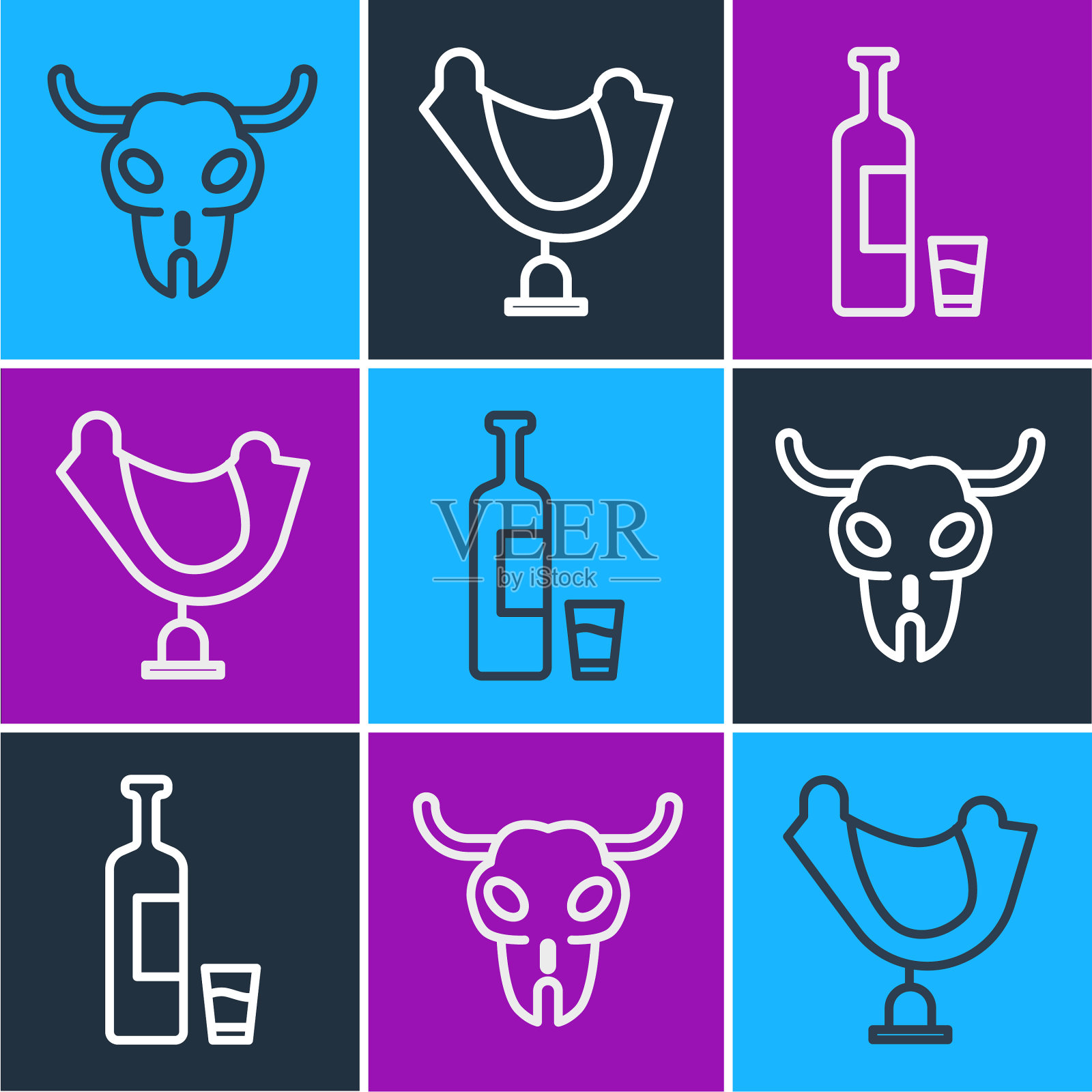 布法罗骷髅威士忌酒瓶和玻璃杯插画图片素材