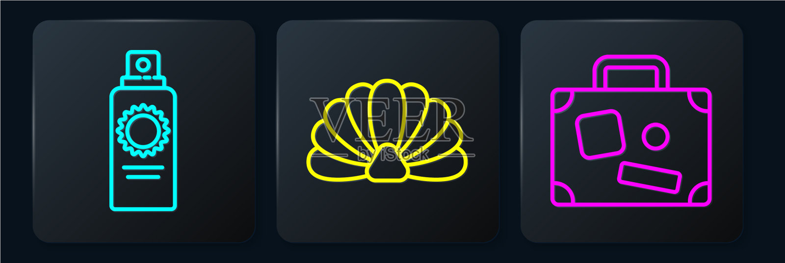 设行防晒喷雾瓶和旅行箱图标素材