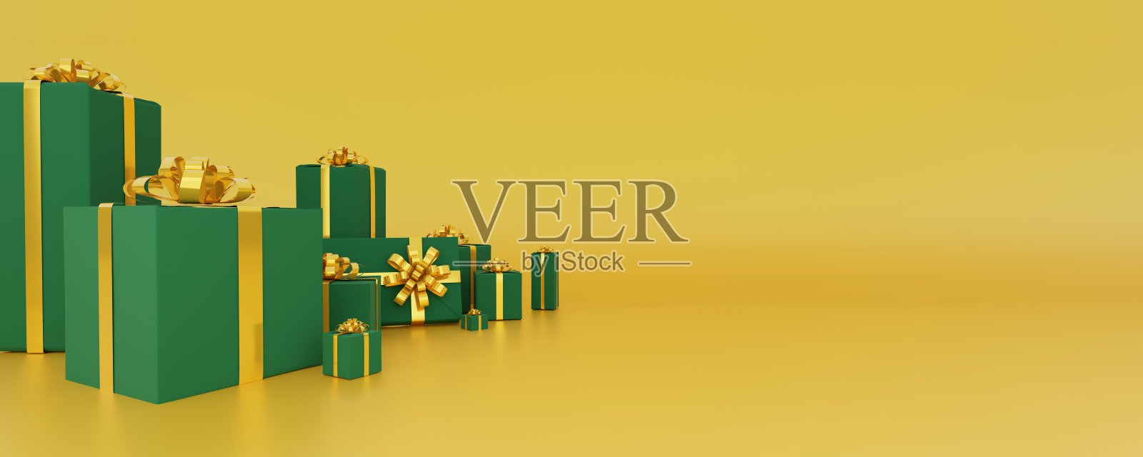 金色背景全景带绿色金色礼品,拷贝空间,多款礼品从身边收集,圣诞礼品卡照片摄影图片