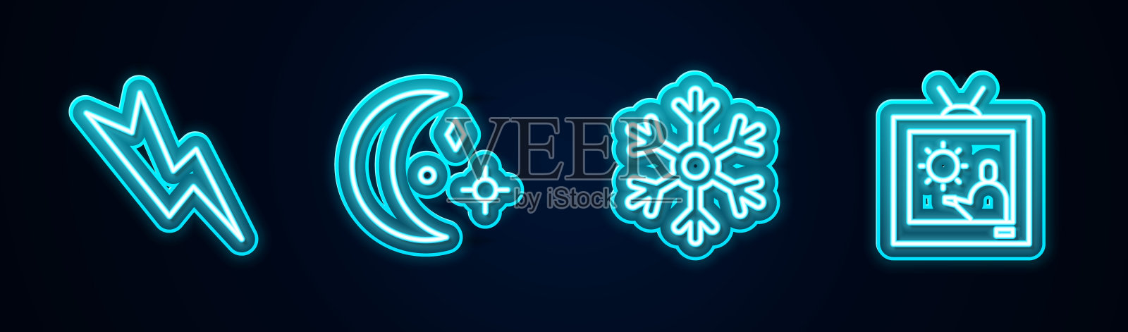 设置闪电、月亮和星星、雪花和天气预报。发光的霓虹灯图标。向量插画图片素材