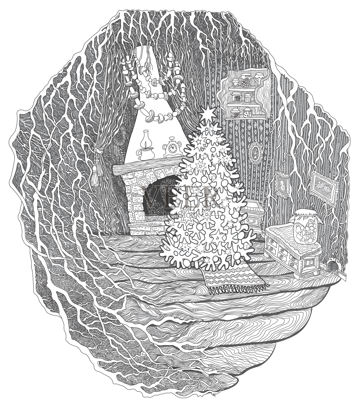 明信片圣诞贺卡,新年晚会请柬。儿童和成人涂色书页,幻想空心树屋在童话森林。线条艺术轮廓素描。t恤打印插画图片素材
