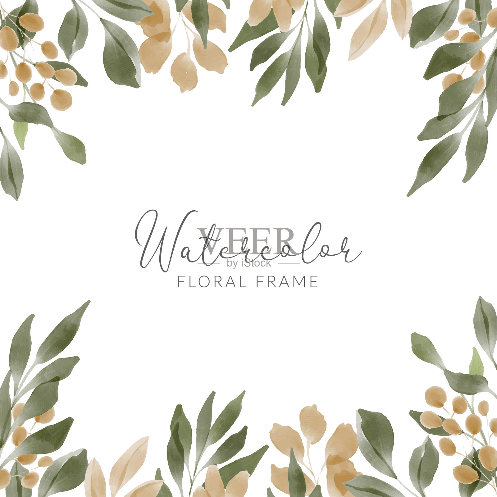 水彩绿色的叶子框架与金色的叶子设计元素图片