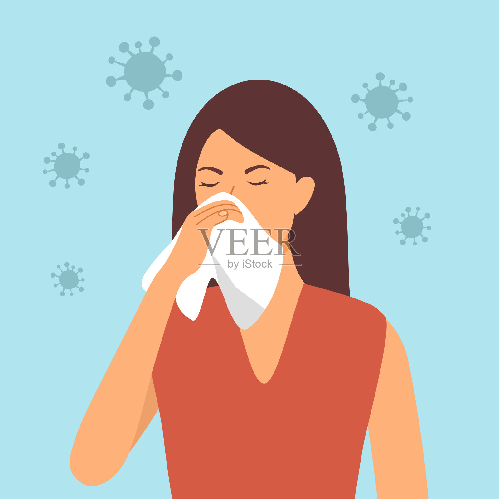 一个女人用手帕遮住她的喷嚏矢量插图。打喷嚏的女性周围有病毒Covid-19冠状病毒病。季节过敏。插画图片素材