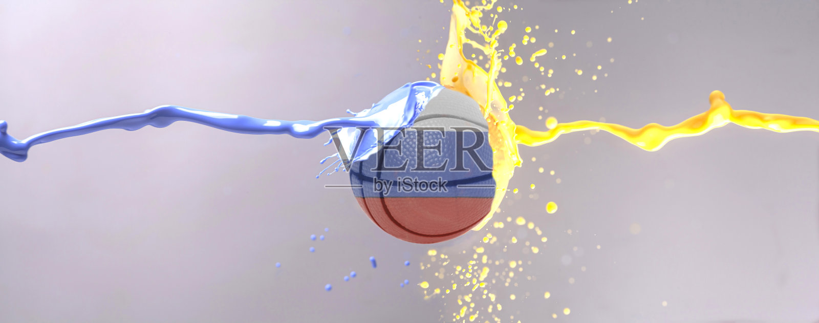 俄罗斯国旗上的篮球与黄色和蓝色油漆飞溅照片摄影图片