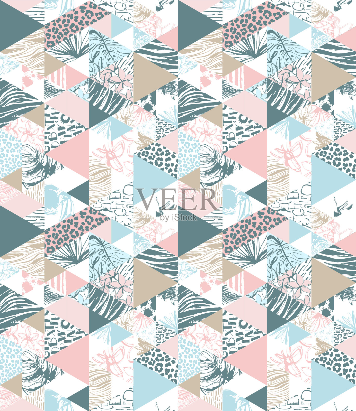 无缝三角形热带鸟类棕榈树图案插画图片素材
