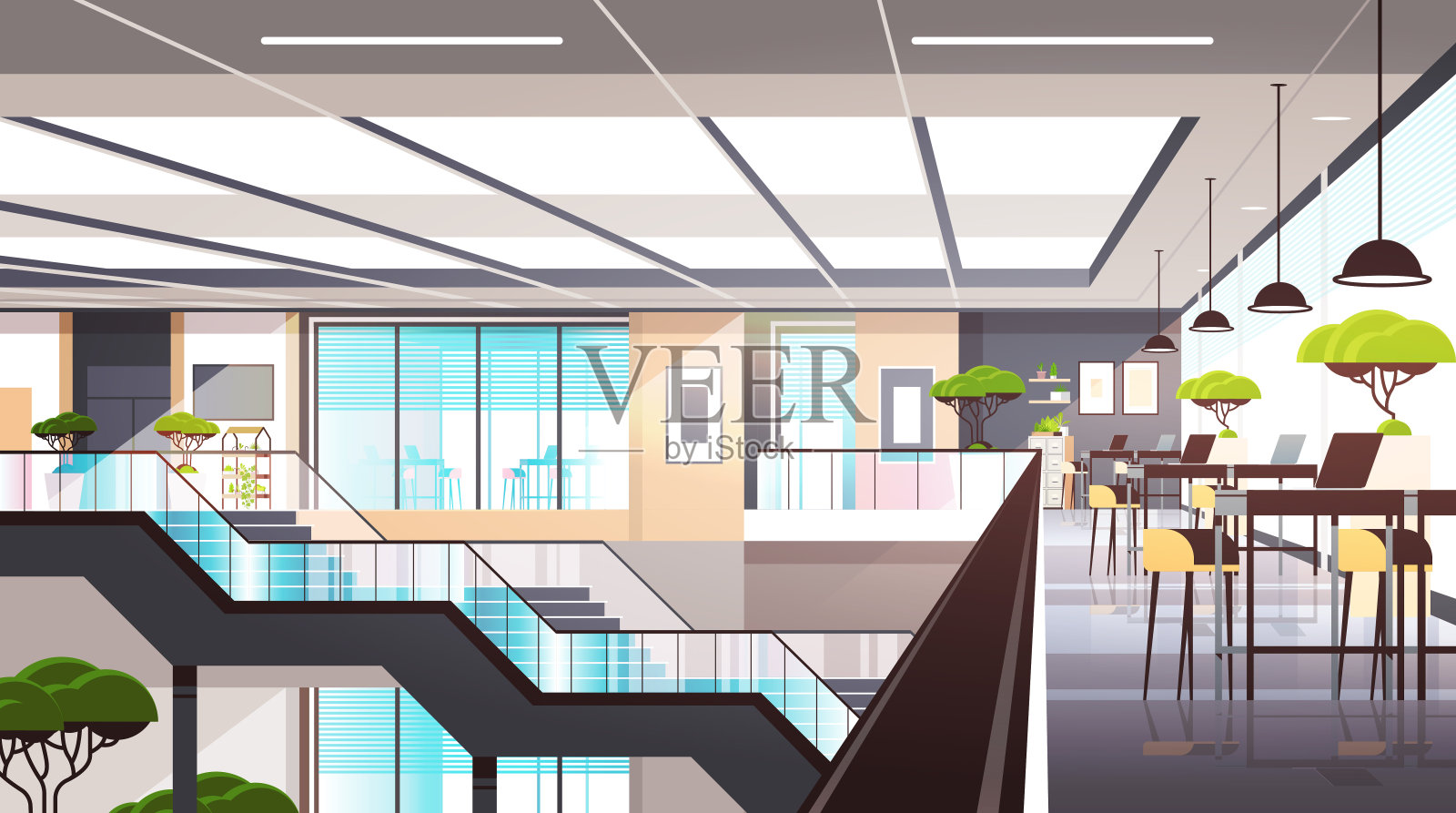 空旷的联合办公空间室内现代智能办公创意开放空间横向插画图片素材