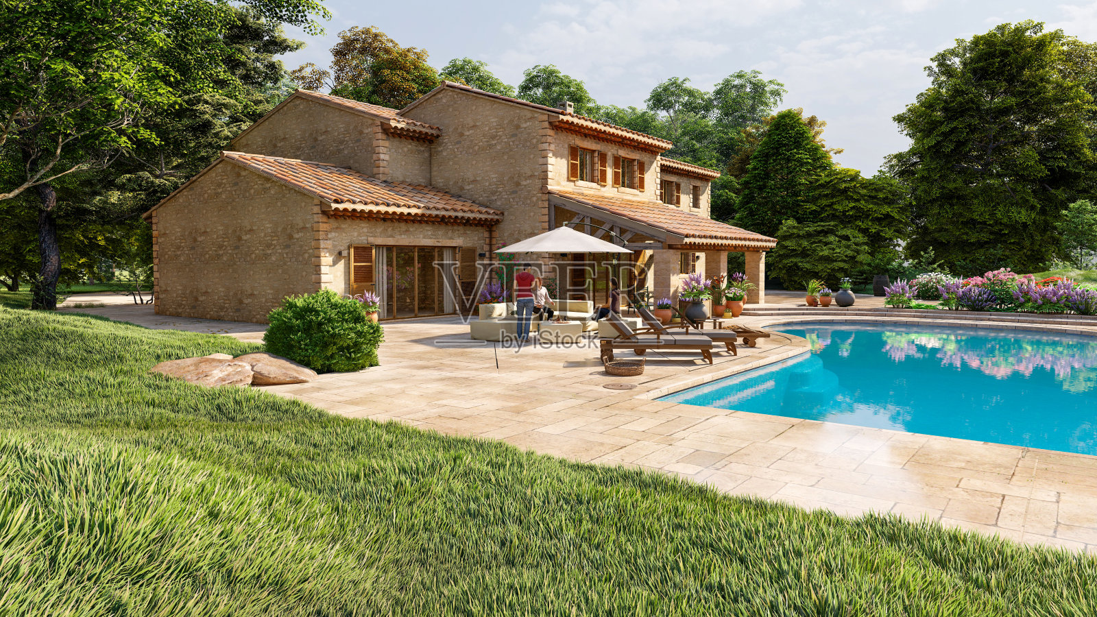 带有游泳池和花园的地中海风格别墅照片摄影图片